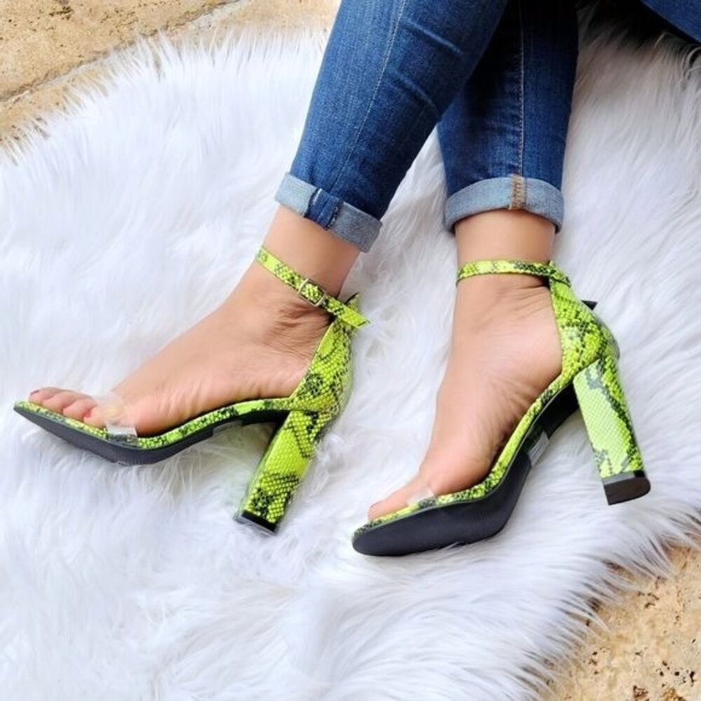 Neon Snakeskin Chunky Heel Sandals Women's Ankle Strap Open Round Toe Padded - Picture 5 of 6